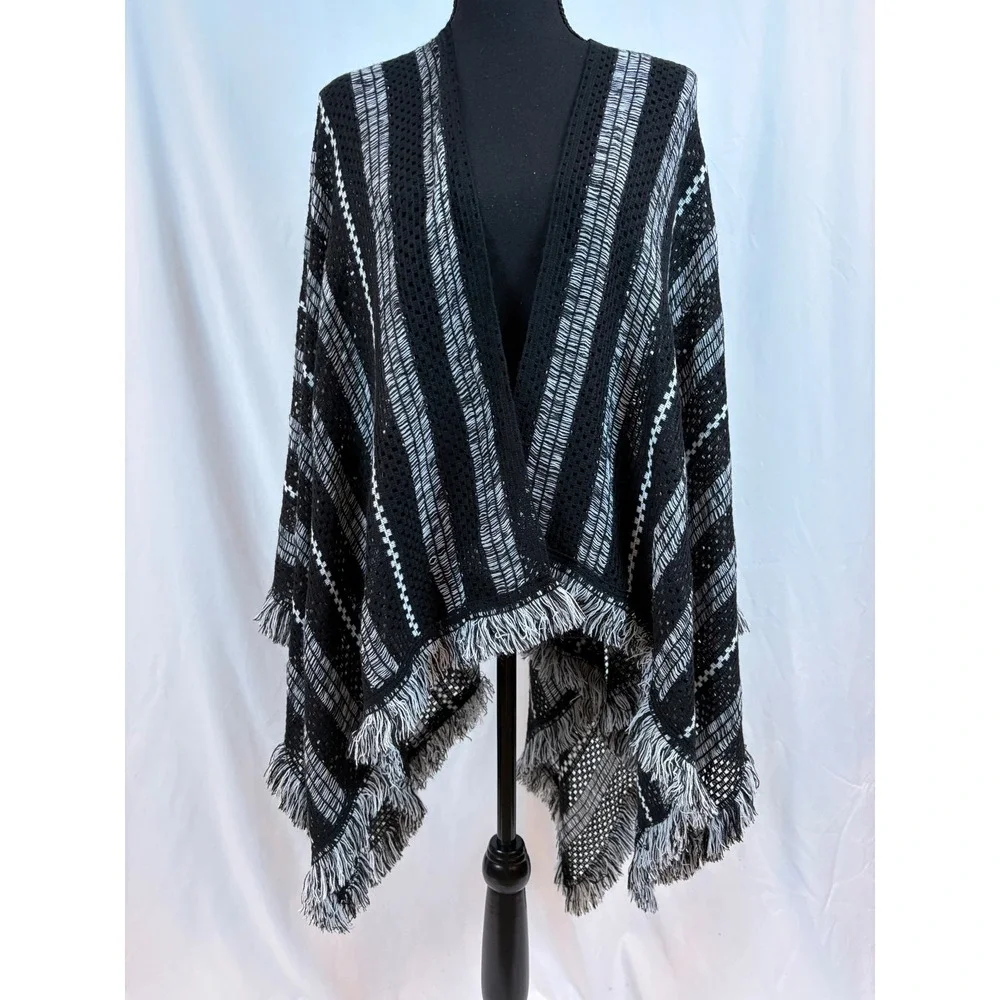 Black White Striped Open Front Knit Poncho Wrap Fringe Trim One Size Boho Cape